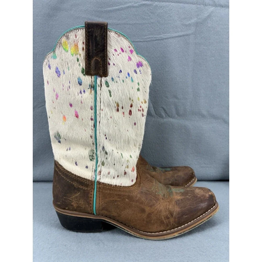 Dan Post Youth 5D Cowboy Boots Cowhide Hair On Hide Splatter Western Brown